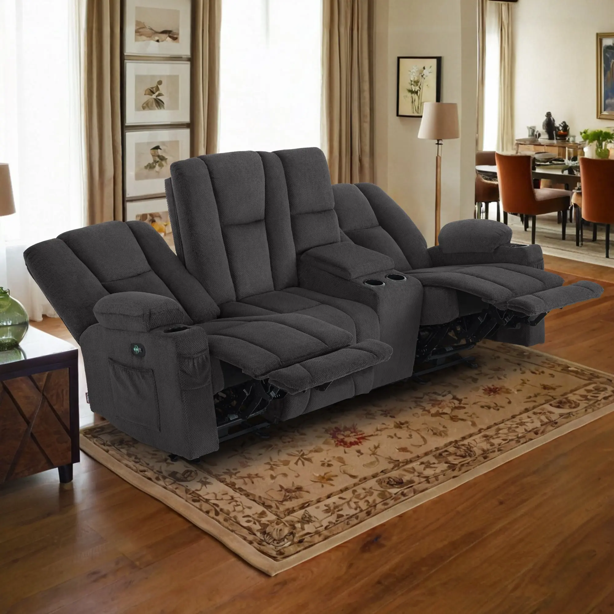 Power Reclining Sofa with Heat and Massage, Fabric 6035
