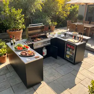 FUFU&GAGA L-Shaped Outdoor Kitchen Cabinet Island, All Weather Stainless Steel BBQ Grill Station with Sink & Bar Counter, Heavy Duty Black Metal Outdoor Grill Storage Cabinet for Patio Backyard Entertainment