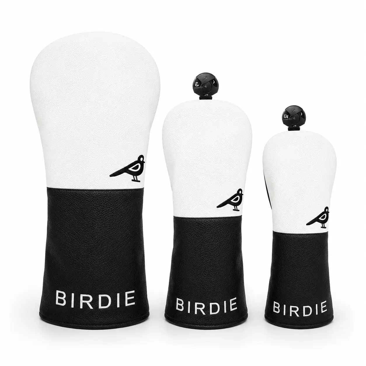 Birdie Golf Headcover Set, 3-Piece Driver Fairway Wood & Hybrid Club Covers, Black and White PU Leather Golf Accessories