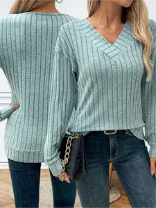 Women's V Neck Loose-Fitting Pullover Sweater, Casual Fall & Winter Fashion, Plain Color Knitwear, Comfortable Outerwear Top, Womenswear