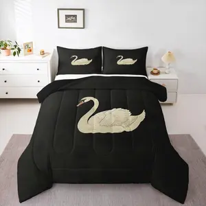 Vintage Swan Comforter Set,Classical Animal Oil Painting Bedding Set,Vintage Home Decor Swan Waterfowl Quilt Kids Teens Zwaan Wildlife Aesthetic Duvet Insert,Black