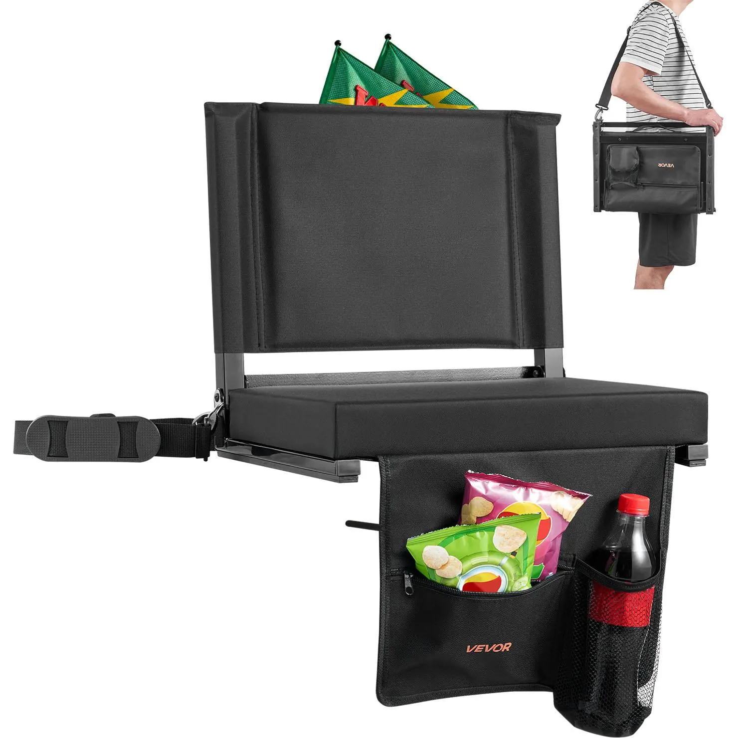【summerfinds】VEVOR Stadium Seat, Folding Bleacher Chair with Back Support and Thick Cushion, Padded Stadium Seat for Bleacher Includes Shoulder Strap, Hooks, Cup Holder, and Side Pocket, Black Bleachers Chair