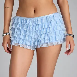 Women's Layered Lace Shorts Casual Stylish Solid Elastic Low Rise Shorts for Spring/Summer