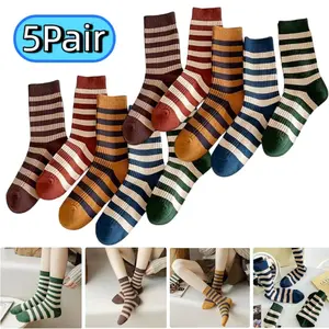 5 Pairs Retro Style Colorful Striped Socks, Cute Athletic Crew socks for Women