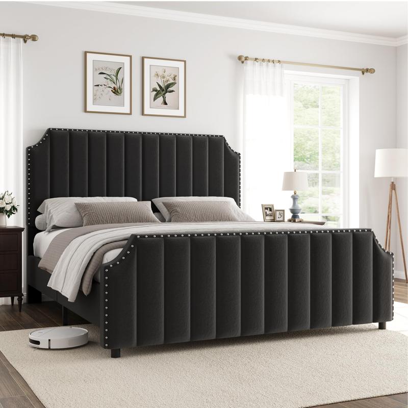 Queen Size Platform Bed Frame with 50.2" Headboard, Velvet Upholstered Bed Frame Queen with Vertical Channel Tufted Headboard & Footboard, Nailhead Trim, No Box Spring Needed, Cream