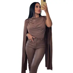Sleeve Drape Bodysuit - Fancy Womenswear with Long Cape Sleeves and High Waist Design
