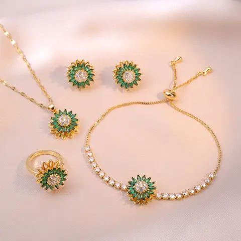 5PCS Green Rotating Sunflower Jewelry Set, Necklace for Women Trendy Style Micro-Paved Zircon Emerald Green Sunflower Rotating Choker Ring Earrings and Bracelet Set