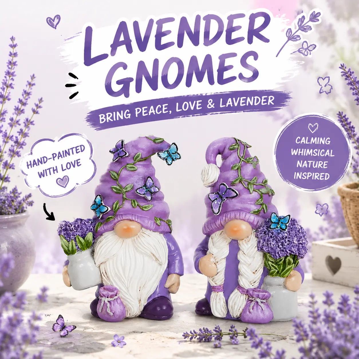 2026 HODAO 2-Piece Lavender Gnome Statue Set, Purple Butterfly Resin Dwarf Figurines, Spring Floral Desktop Home Decor Gift