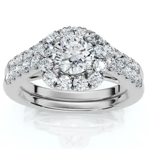 1 1/10Ct TDW Cushion Halo Engagement Wedding Ring Set 14k White Gold Lab Grown