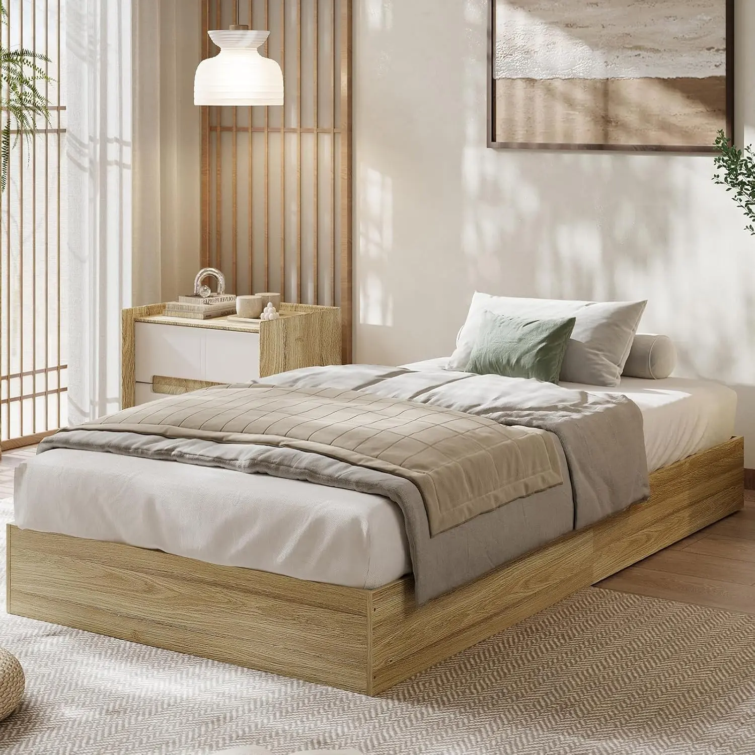Gaomon Twin-XL Size Natural Wood Platform Bed Frame - Floor Bed Frame, No Headboard, Wood Slat Support, No Box Spring Needed, Fast-Install Design, Burlywood, Natural Wood Bed Frames