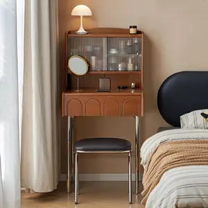 YESWOOD Makeup Vanity Desk with Extendable LED Mirror, Solid Rubber Wood Dressing Table with Metal Leg, Makeup Desk and Vanity Table for Bedroom, Teak Color, No Chair 20"D x 28"W x 50"H