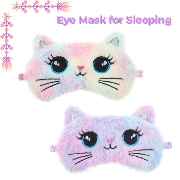 2 Pack Cute Cat Sleep Mask for Kids Girls, Soft Plush Animal Eye Mask, Comfortable Sleeping Blindfold, Travel Sleep Mask for Women Teens, Cozy Gift