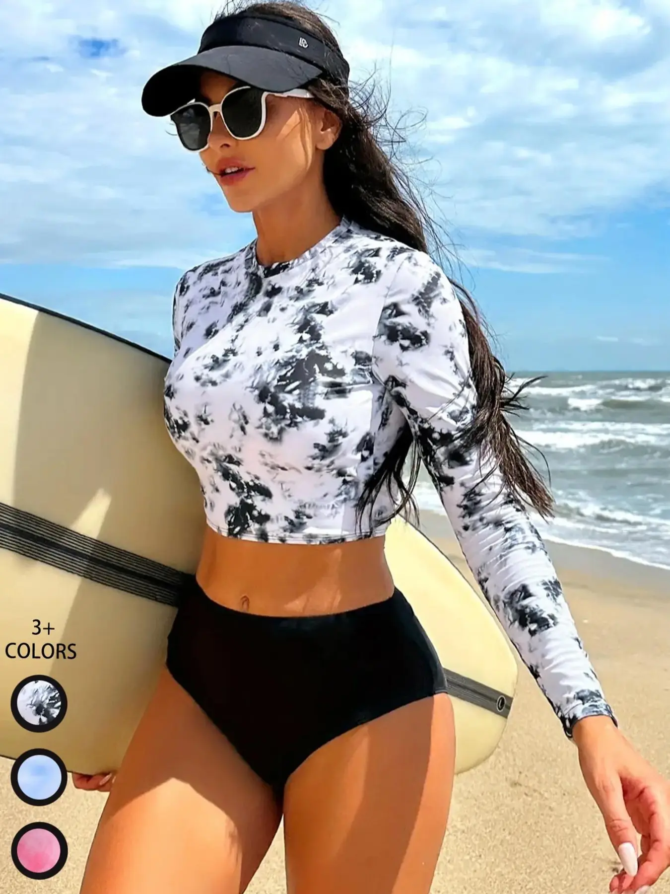 Women's Tie Dye Print Swim Crop Top & Plain High Waist Swim Knicker Set, Casual Round Neck Long Sleeve Swim Top & Swim Bottom Two-piece Rash Guard Swimsuit for Outdoor Beach Holiday Vacation, Ladies Swimwear for All Seasons, Swimming Rashguards