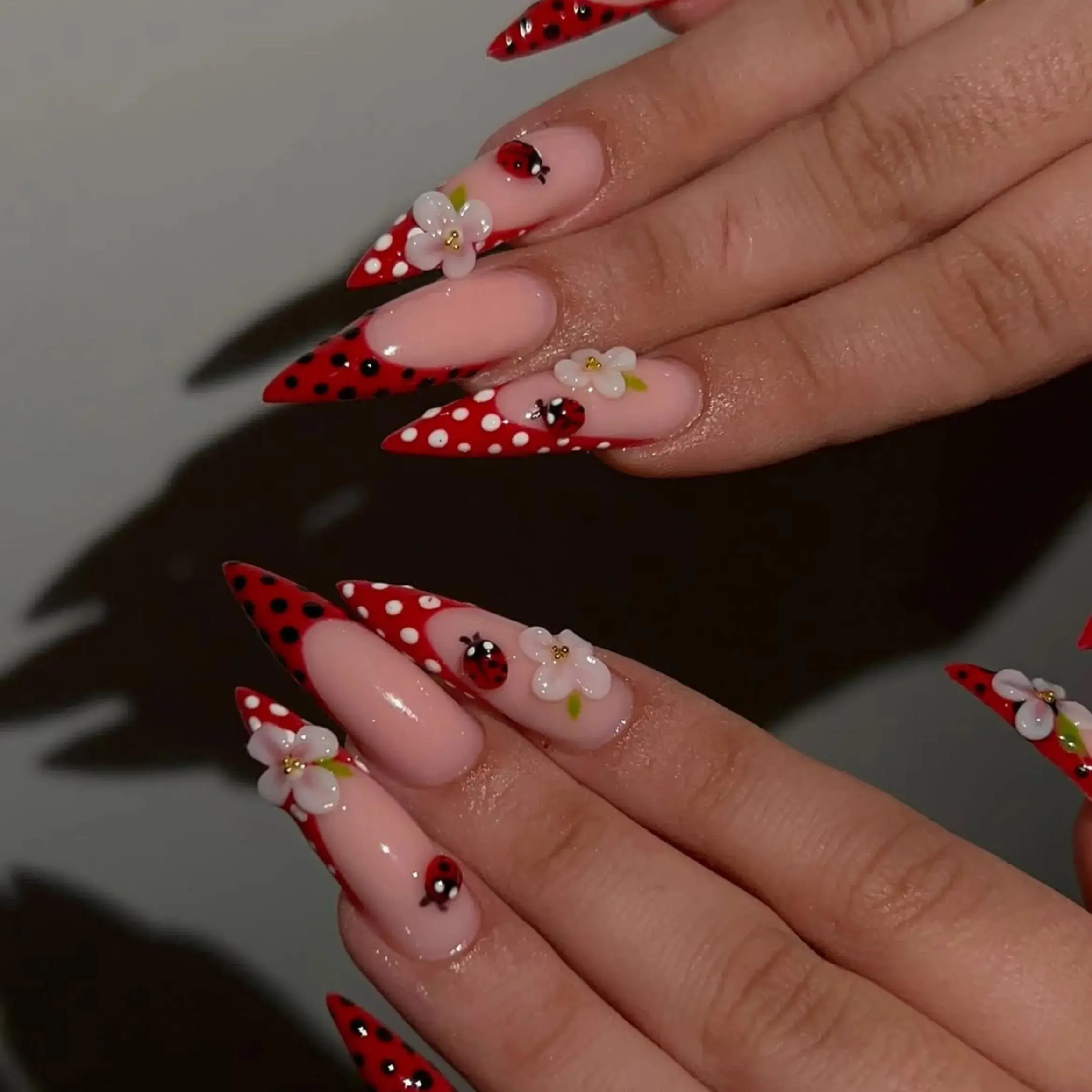 Ladybug Garden Press On Nails, 3D Floral & Polka Dot Nails, Red Nature-Inspired Nail Art, Handmade Cute Bug Nail Set