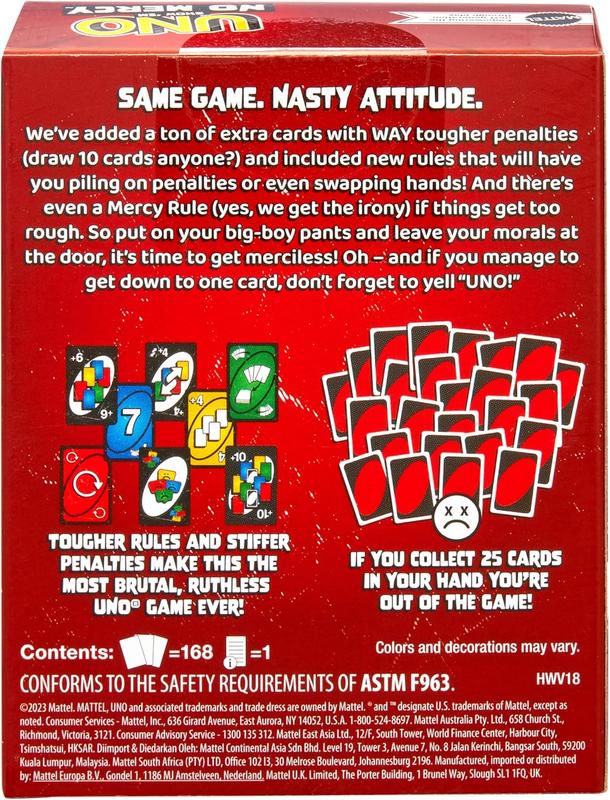 UNO Show 'em No Mercy Card Game for Kids Adults & Family Parties Travel with 56 Extra Cards Special Rules Tougher Penalties USA Edition