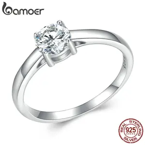 BAMOER Moissanite Ring for Women, 925 Sterling Silver with Platinum Plated Engagement Ring Solitaire 4 Prongs Eternity Band