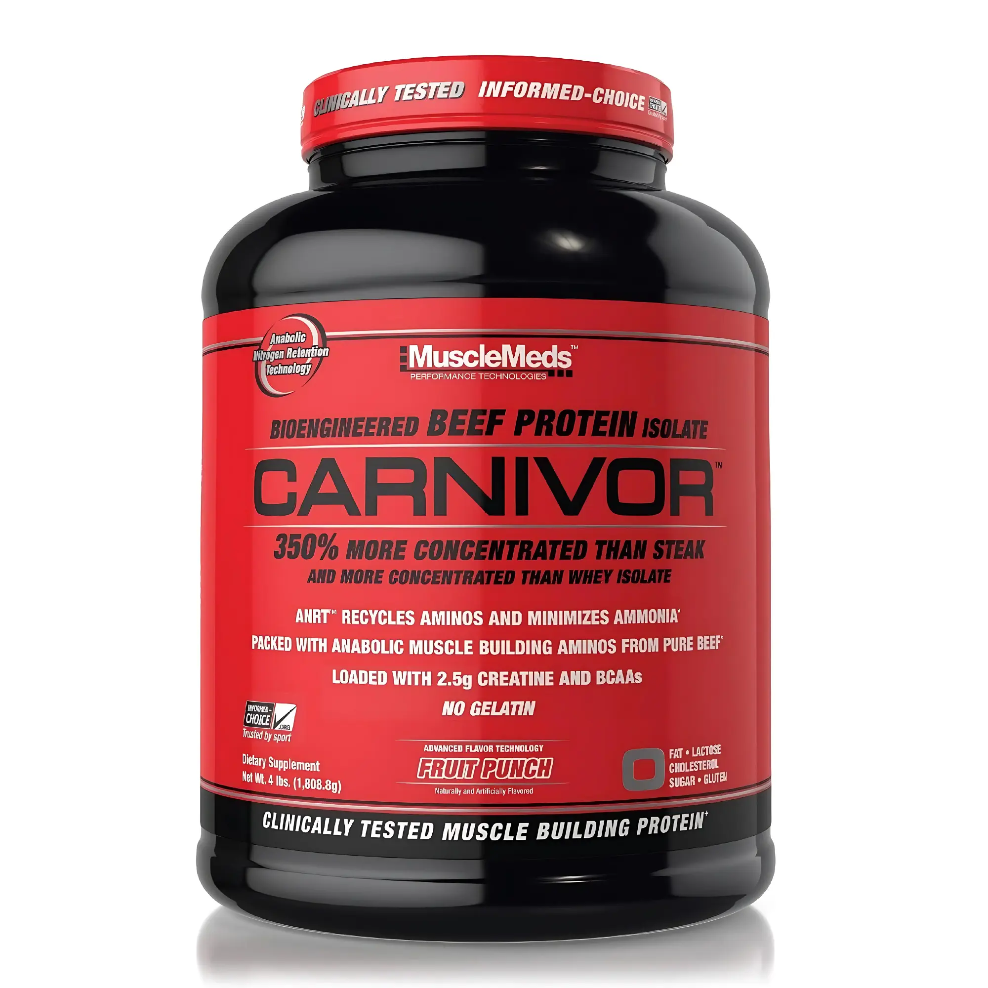 Muscle Meds Carnivor Beef Protein Powder, 4lb Recovery & Energy Protein Supplement, 350% Concentrated Muscle Builder, Gluten-Free, Prop 65 Safe, 0 Fat, 0 Cholesterol, Fruit Punch Flavor, Amino Acids, Fitness Workout Support, Recovery Protein Supplements