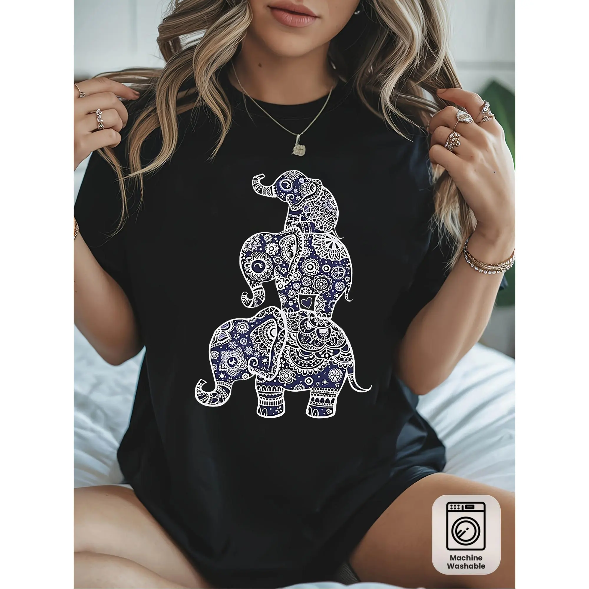 Women's Chic 100% Pure Cotton Bohemian Elephant T-Shirt - Customizable, Cute, Short Sleeve, Round Neck, Relaxed Fit, Plant Graphic, Geometric, Cartoon, Foldable, Christmas, 2XL, 3XL, Casual Streetwear