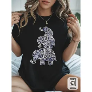 Bohemian Elephant Mandala Print T-Shirt - Blue and White Ethnic Short Sleeve Crew Neck Top, Lightweight Breathable Fabric with Moderate Stretch, Casual Spring Summer Casual Attire, Machine Washable Boho Style Tee, Relaxed Fit, Artistic Design
