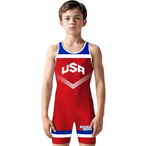Exxact Sports Sublimated Wrestling Singlet for MMA, Powerlifting Singlet Youth Wrestling Singlet Men for Training (Red USA)