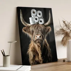 High Quality Print Funny Animal Restroom Wall Art Cute Highland Cow On Toilet Poster Canvas Print Toilet Wall Decor Home Bedroom Living Room