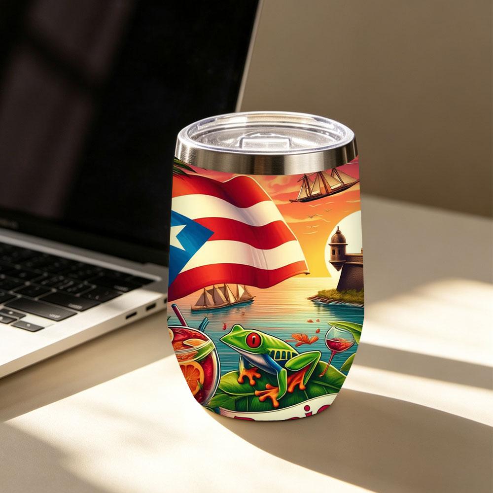Puerto Rico Boricua Tumbler, Tropical Paradise with Flag, Coqui Frog, Rum Punch, El Morro, Hibiscus, 12/18/20oz Stainless Steel Insulated Cup, Keeps Cold/Hot for Hours, Ideal Gift for Puerto Rican Lovers