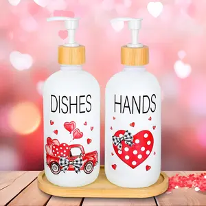 Valentine's Day Soap Dispenser 2Pcs and Tray Set Watercolor Red Heart Truck Soap Dispenser with Bamboo Pump Refillable Liquid Soap Container for Kitchen Bathroom Decor