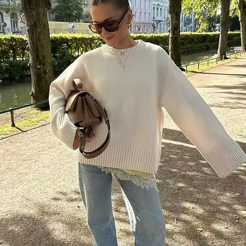Women's Fall Winter Plain Round Neck Long Sleeve Casual Loose Knit Pullover, Comfortable Fitted Top, Unlined Design, Batch Qx0738216c, Knitwear