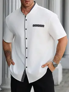 Plus Size Men's Casual Street Style Patchwork Pocket Spliced Stand Collar Short Sleeve Fitted Shirt, Comfortable Everyday Wear for Relaxed Style