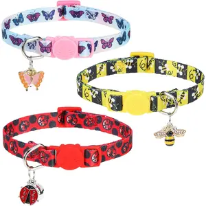 Cat Collar Breakaway with Bells, 3 Pack Spring Flower Cat Collars for Girl Boy Cats, Cute Kitten Collars with Safety Buckle Adjustable 8"-12" for Outdoor Indoor Kitty Puppy Small Pets, Insect