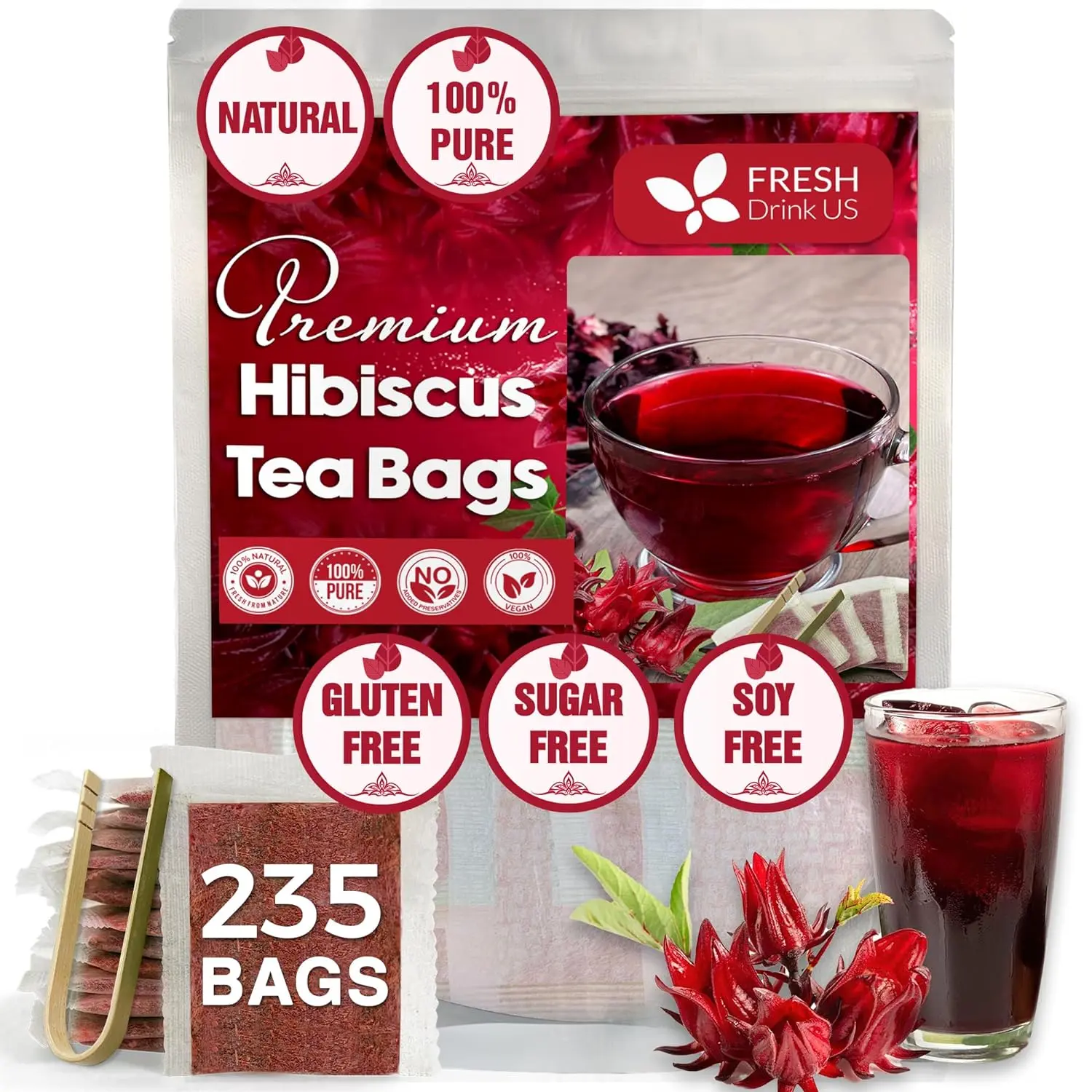 FreshDrinkUS, Premium 235 Hibiscus Flowers Tea Bags, 100% Natural, Pure from Hibiscus Flowers. Loose Flower Hibiscus Herbal Tea. Hibiscus Flower Tea. No Sugar, No Caffeine, No Gluten, Vegan. hibiscus tea