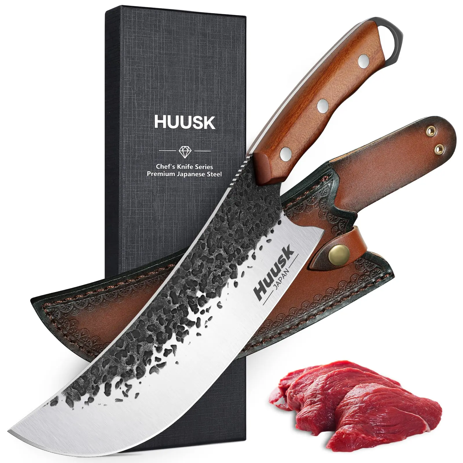 Huusk Butcher Knives – Heavy Duty Meat Cleaver with Sheath, Hand Forged Full Tang Knife for Meat Cutting, BBQ & Kitchen – Premium Blade, Wooden Handle– Christmas Gift