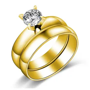 4mm Solitaire Wedding Ring Set for Women by Ginger Lyne | Stainless Steel Cubic Zirconia Engagement Ring with Matching Bridal Plain Wedding Band  for Women