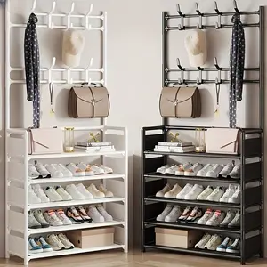 5-Tier Multi-Purpose Metal Shoe Rack with 8 Double Hooks - shoe cabinet storage shoe rack organizer Space-Saving Storage Solution household items wardrobe organization rack shoerack metal shelf racks large wire basket