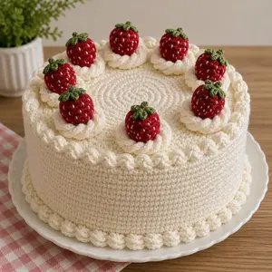 Crocheted Cakes - Handmade Crochet Cake with Strawberry Toppings, Perfect for Special Occasions, Ideal for Gift Giving