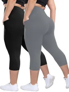 【Plus Size】 Solid High Waist Pocket Capri Leggings, Casual Comfy High Stretch Skinny Pants for Women, Women's Bottoms for All Seasons
