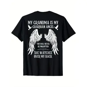 My Grandma is My Guardian Angel In Heaven Memory Memorial T-Shirt, 100% Cotton, Single Side Printed, Black Short Sleeve T-shirt, Birthday Valentine Gift for Men Women Family Friends, S-XXXL, 1pc, graphic tee men's t shirts Oversized Casual