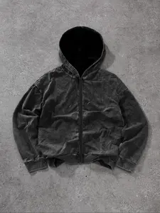 Men's Washed Distressed Zip Up Hoodie, Regular Fit Vintage Trendy Casual Comfy Long Sleeve Hooded Sweatshirt for Spring & Fall, Fashion Men's Clothes for Daily Wear