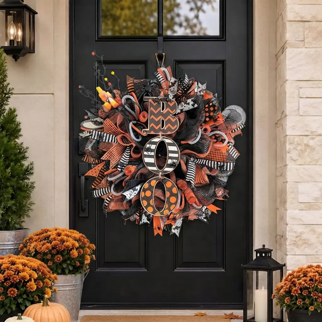 Halloween BOO Wreath for Front Door Decor, Large 24" Luxury Mesh Ribbon Wreath with Candy Corn, Spiders & Geometric Patterns, Spooky Indoor Outdoor Hanging Ornament for Home Party Wall Window Festival Haunted House Decoration