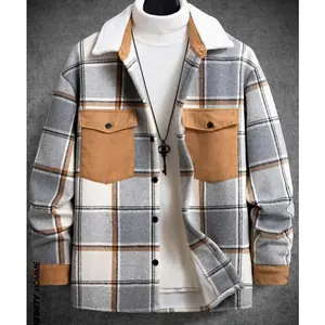 HotMan Plus Size Men's Plaid Jacket Fashion Draped Shoulder Design Flip Pocket Overshirt Streetwear Layering Piece Casual Fabric Medium Stretch Polyester