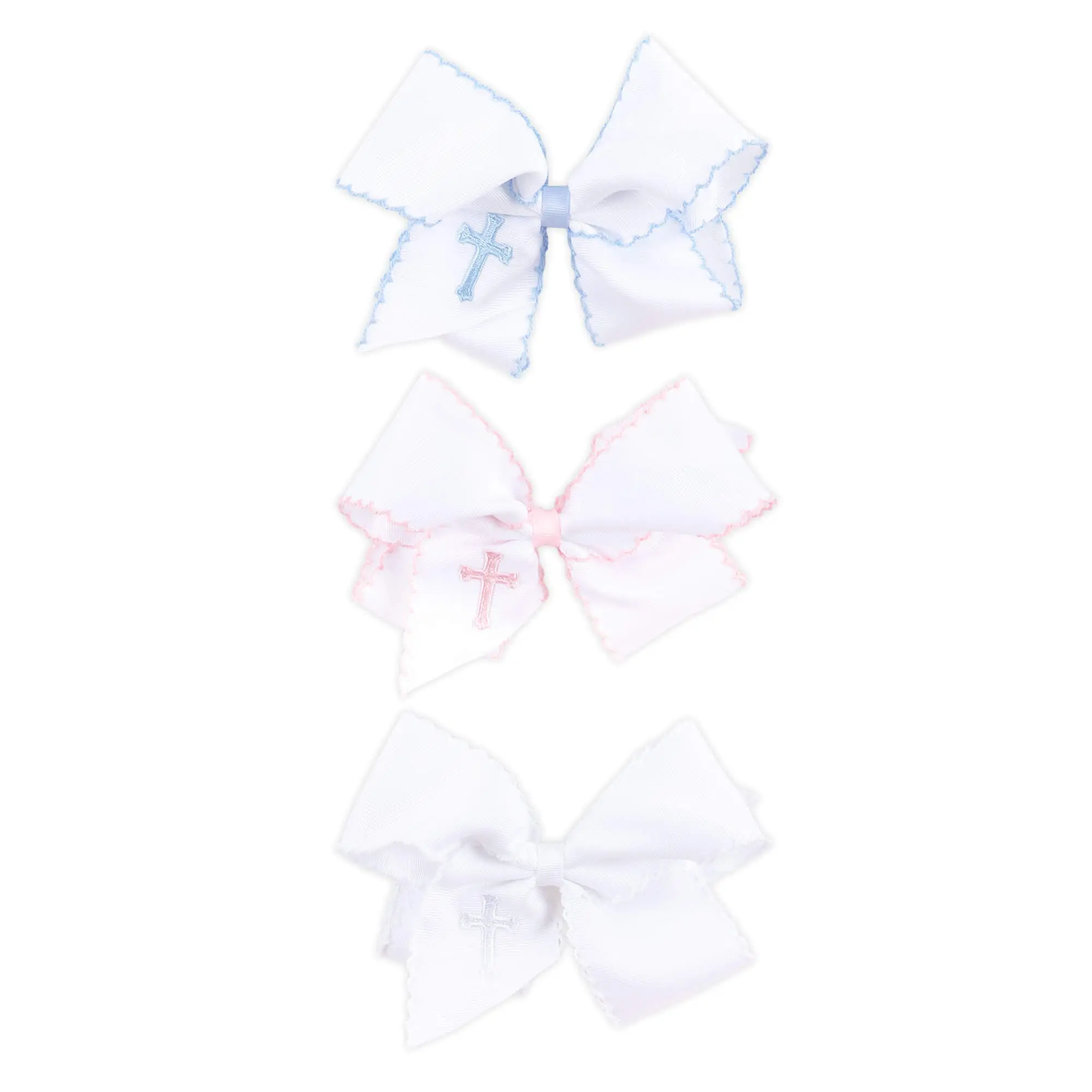 Cross Embroidered Moonstitch Hair Bow - Girls Grosgrain Ribbon Hair Accessory for Easter, Baptism or Christening