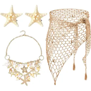 4 Pcs Halloween Mermaid Cosplay Costume Women Halloween Mermaid Crochet Skirt Necklace Starfish Hair Clip