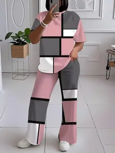 Must-have for Spring And Summer, Large Size Geometric Pattern, Patchwork Plaid Digital Print Pattern, Digital Printed T-shirt And pants Set, Machine Washable, Eye-catching Print, Perfect Choice for Mother's Day