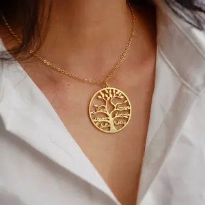 AS193 Customized Name Round Tree of Life Pendant Stainless Steel Family Member Name Necklace for Family Gifts for Men and Women