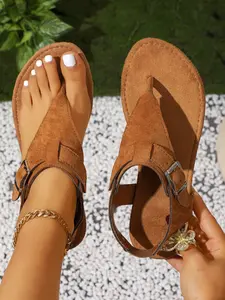 Women's Suede Leather Sandals with Buckle Straps, Bohemian Western Flat Slippers, Comfortable Lightweight Non-Slip Flip Flops for Summer Beach Vacation, Boho Style Sandal, Boho Style Slides