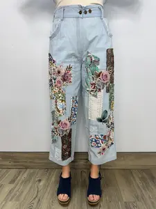 Floral Patchwork Light Blue Denim Jeans