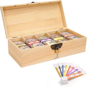 Wooden Cash Tray with Coin Tray 5 Compartment Cash Organizer Storage Box with Lockable Cover for Office or Store 300 Money Wrappers