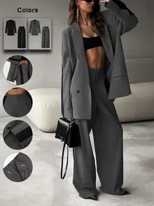 Women's Casual Business Loose Fit Suit Set, Contrast Color Blazer and High Waist Straight Leg Pants, Summer/spring Elegant Office Wear