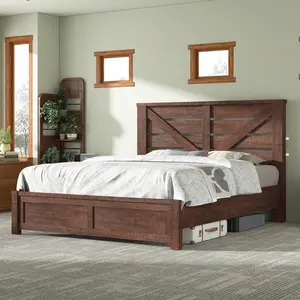 Farmhouse Platform Bed Frame With 49.2" Barn Door Headboard, Wood Slats, Under-Bed Storage, Easy Assembly, No Noise, Distressed Finish
