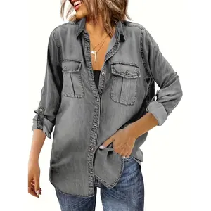 Imily Bela Essentials Womens Button Down Denim Shirt Long Sleeve Roll Up Casual Oversized Jean Shirt Jacket Distressed Tunic Tops